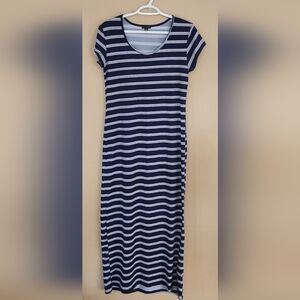 Magazine Navy Blue With White Stripes Maxi T-shirt Dress Sz M